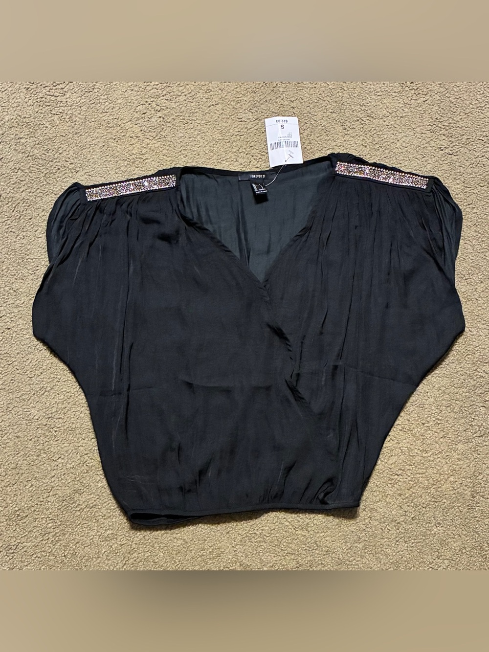 Forever 21 Black V-Neck Sm Blouse with Beaded Shoulder Detail Sheer Lightweight